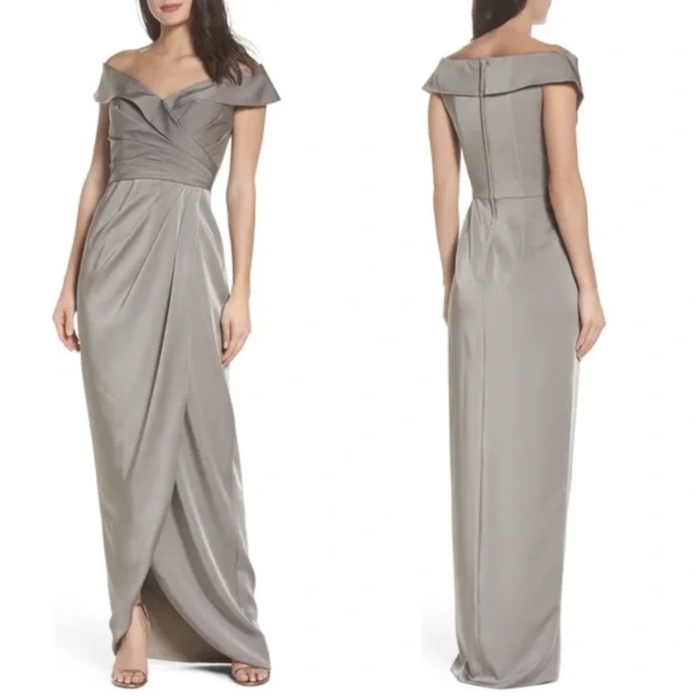 NWT La Femme 25206 Surplice Off Shoulder Column Gown in Gray Sz. 10